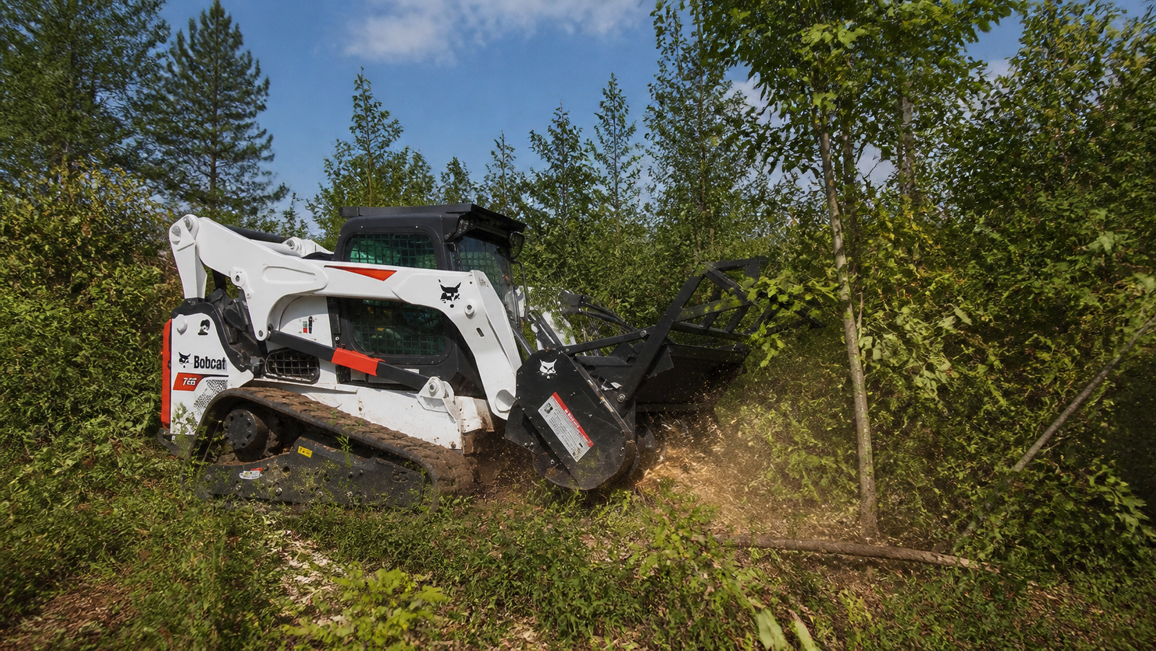 Bobcat mulcher cutting through young trees and brush in Maine
