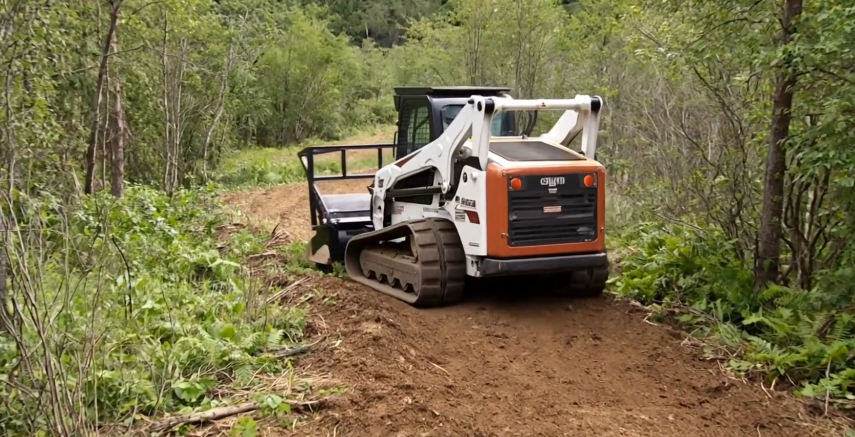 Bobcat cutting an ATV trail through Maine woodland